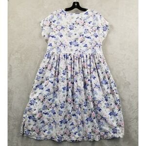 Vintage La Cera Nightgown Women Medium‎ Blue Floral 100% Cotton Pockets Cottage